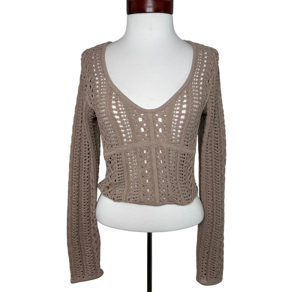 Bershka Crochet Open Knit Long Sleeve Crop Top Medium Boho Festival Scandi Indie